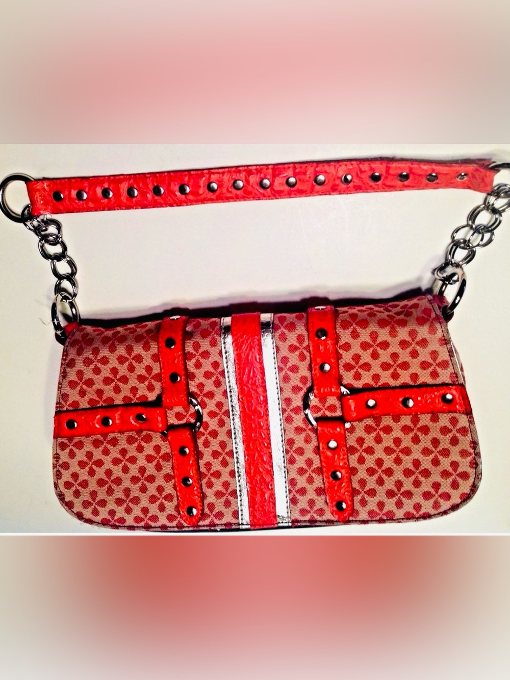 Purse Emily M Red Tan Silver Handbag Chain Strap Vintage